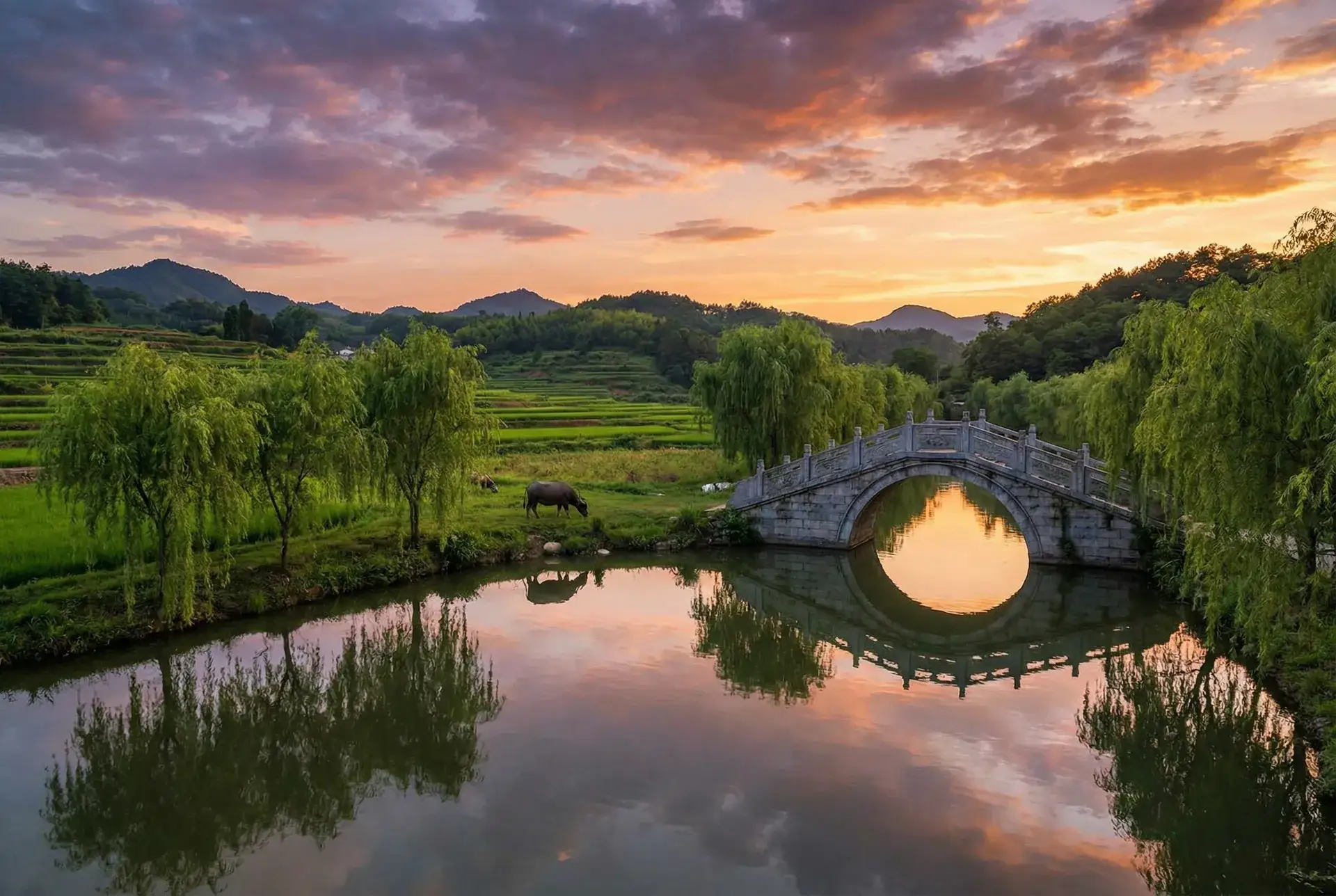 夕阳下的石拱桥与垂柳，水牛在河边吃草 - 神秘代码 电影 乡村美景